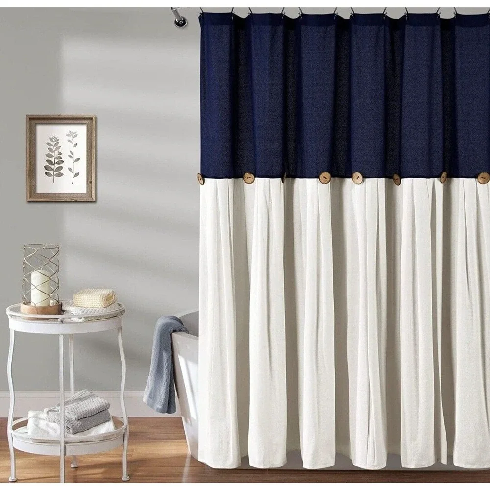 Lush Decor‎ Linen Button Shower Curtain Navy White Cotton Blend 72x72 16T004035